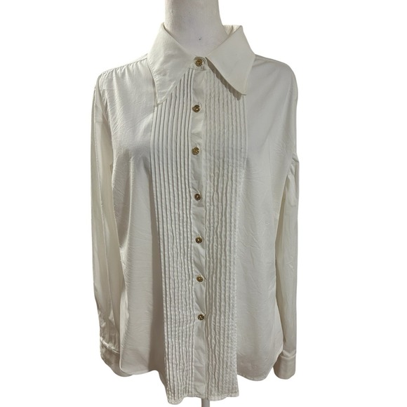 St John Sport By Marie Gray White Button Down Shirt. Pleated, Gold Buttons Sz L - Picture 1 of 8